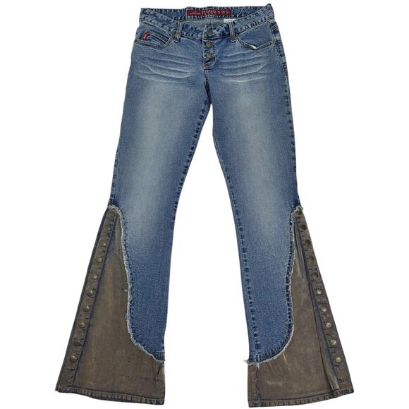 Vintage Mudd Women Sz 5 Denim Suede Snap Flare Leg Jeans 28x32 Distressed 4MFE69 - Picture 1 of 10